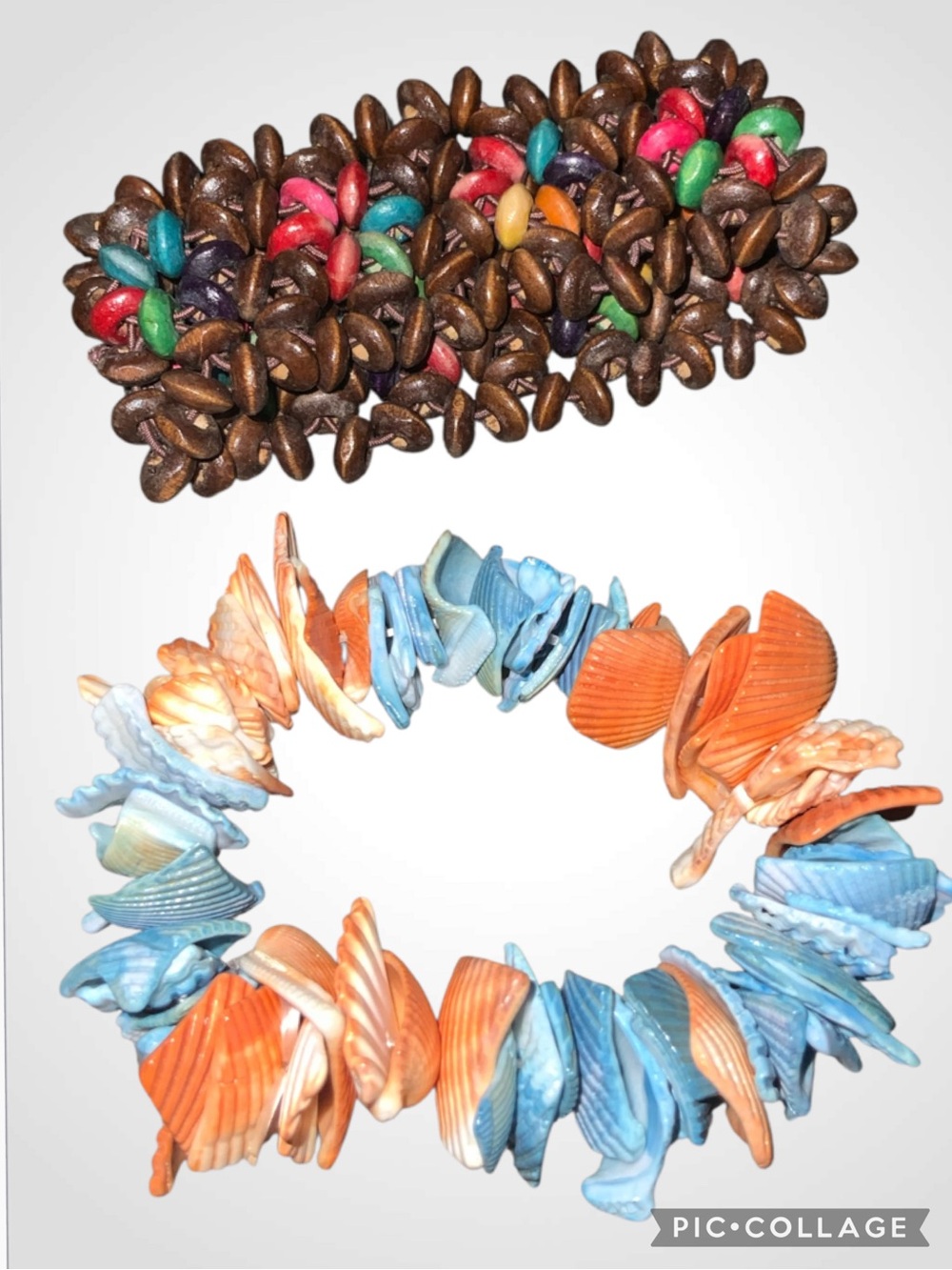 2 Stretchy Bracelets; Shells & Coconut Seeds